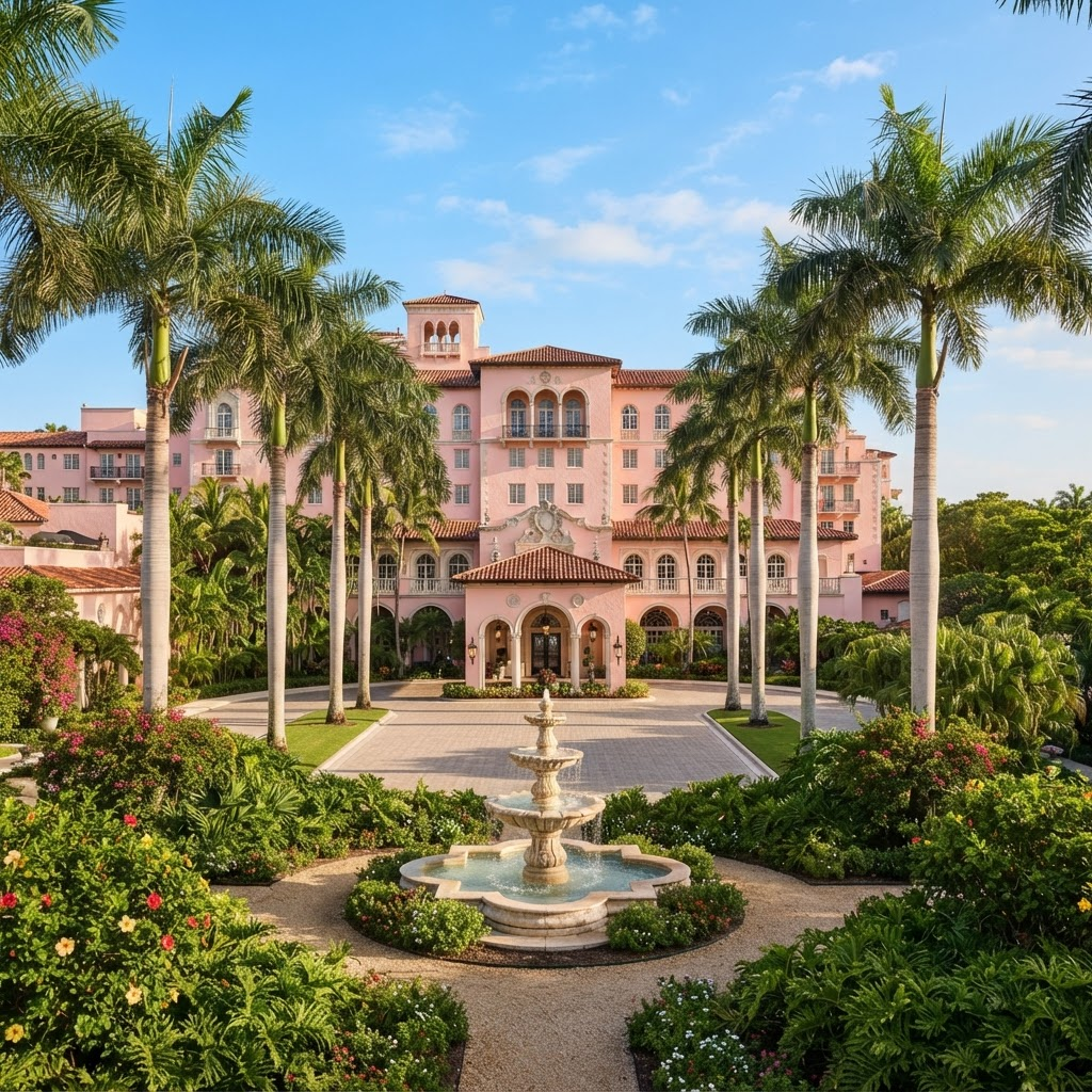 The Boca Raton resort with its Mediterranean facade and palm-lined grounds
